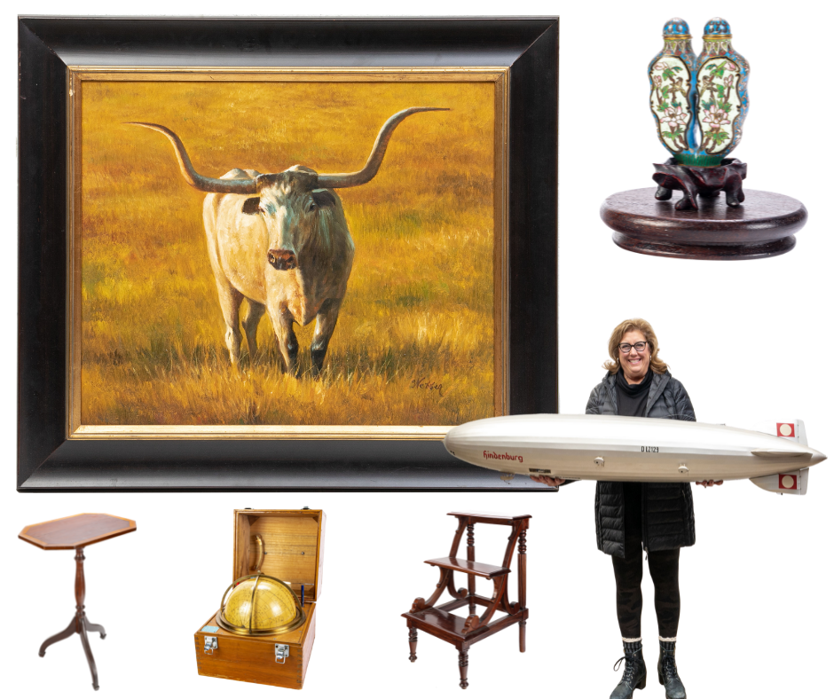 An eclectic array of fun lots are on the auction block including a beautifully painted steer, life-size replica of the Hindenburg, antiques and more.